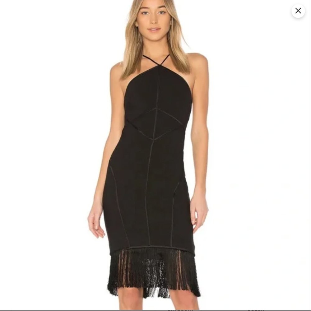 Black cinq a sept Dress with Fringe on Hem